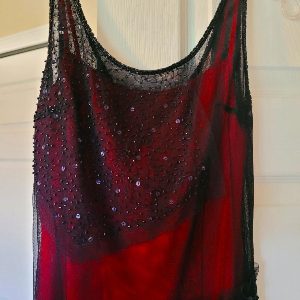 Red and black evening dress with beaded accents